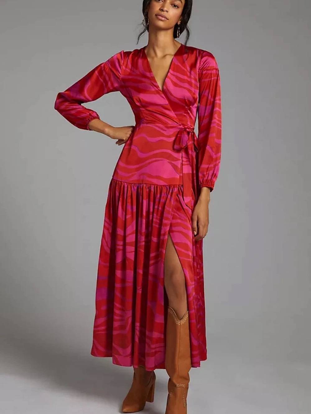 Anthropologie Hutch Fuchsia and Red Zebra-Print Wrap Maxi Dress sz L